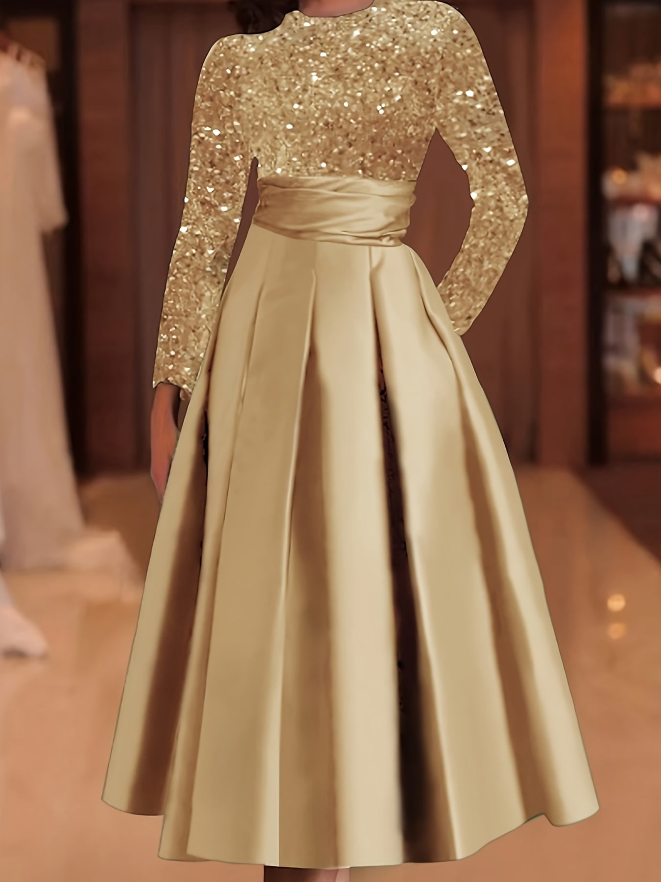 Elegant Red Sequin Long Sleeve Midi Dress – Pleated Skirt A-Line, Plus Size Party & Event Dress