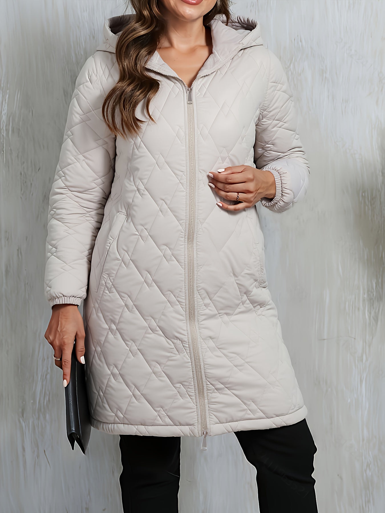 Women’s Elegant Long Winter Coat – Thick Quilted Hooded Jacket with Double Zipper, Warm Geometric Pattern, Loose Fit Style for Fall & Winter