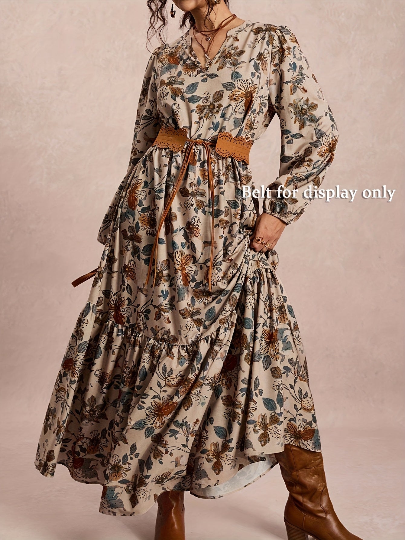 Women’s Vintage Floral Print Maxi Dress – Elegant V-Neck A-Line Long Winter Dress with Kimono-Like Strap (No Waist Tie) – All-Season Flowy Maxi Dress (Beige/Brown/Blue/Green/White)