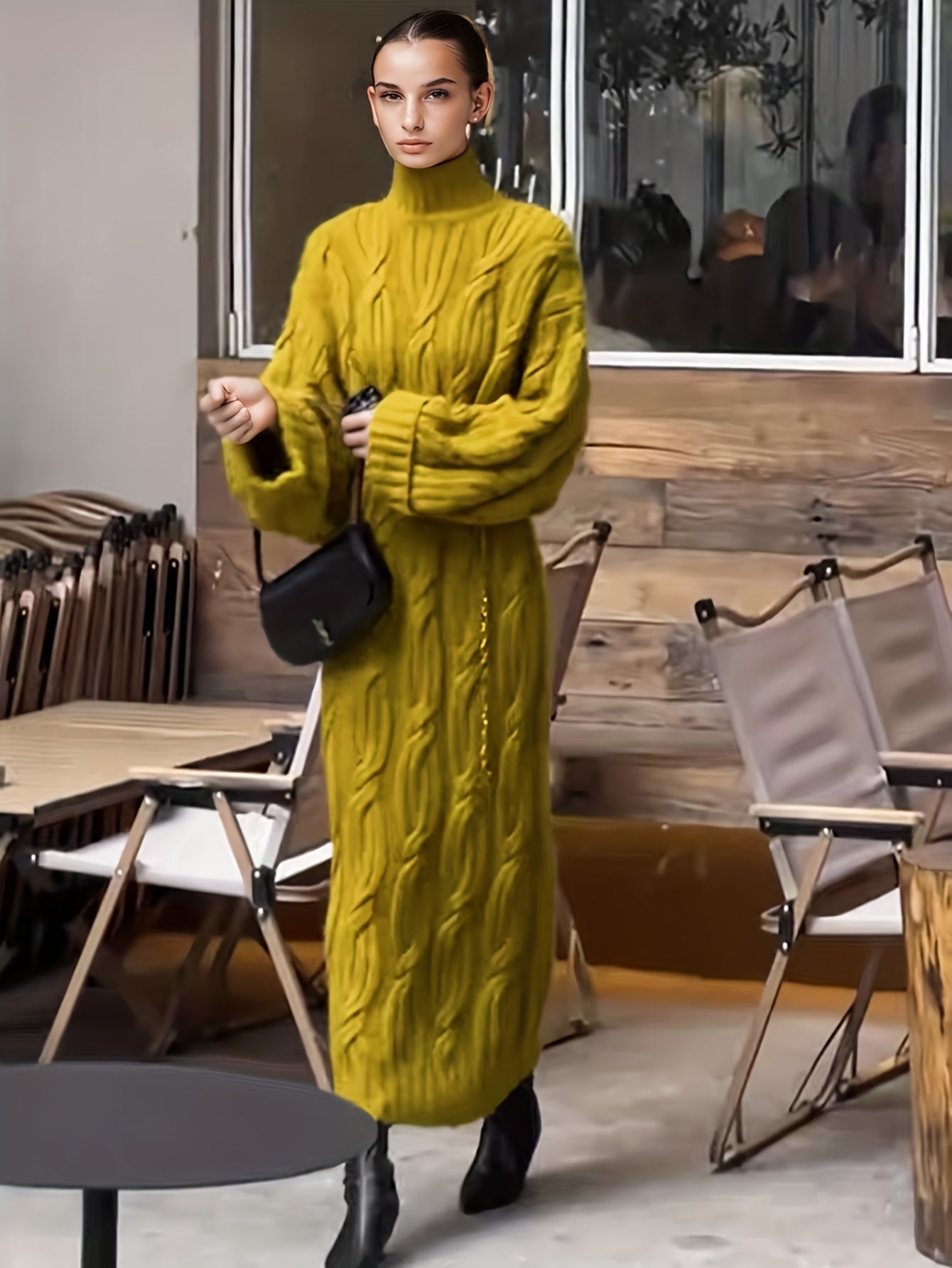 Women’s Elegant Vintage Maxi Dress – High Neck Twisted Rope Neckline, Loose A-Line H-Line, Long Sleeve | Fall/Winter Formal & Special Occasion Dress