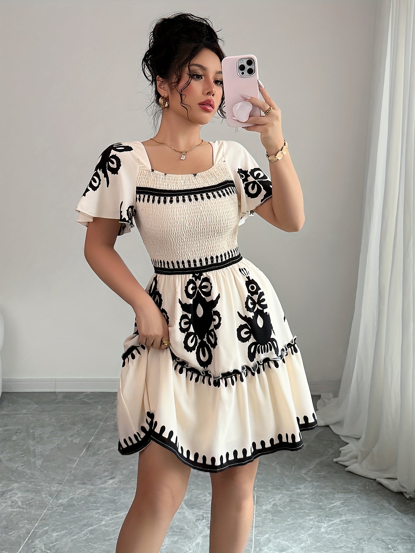 Elegant Printed Square Neck Mini Dress – Pleated A-Line Silhouette with Cinched Waist & Ruffled Edges