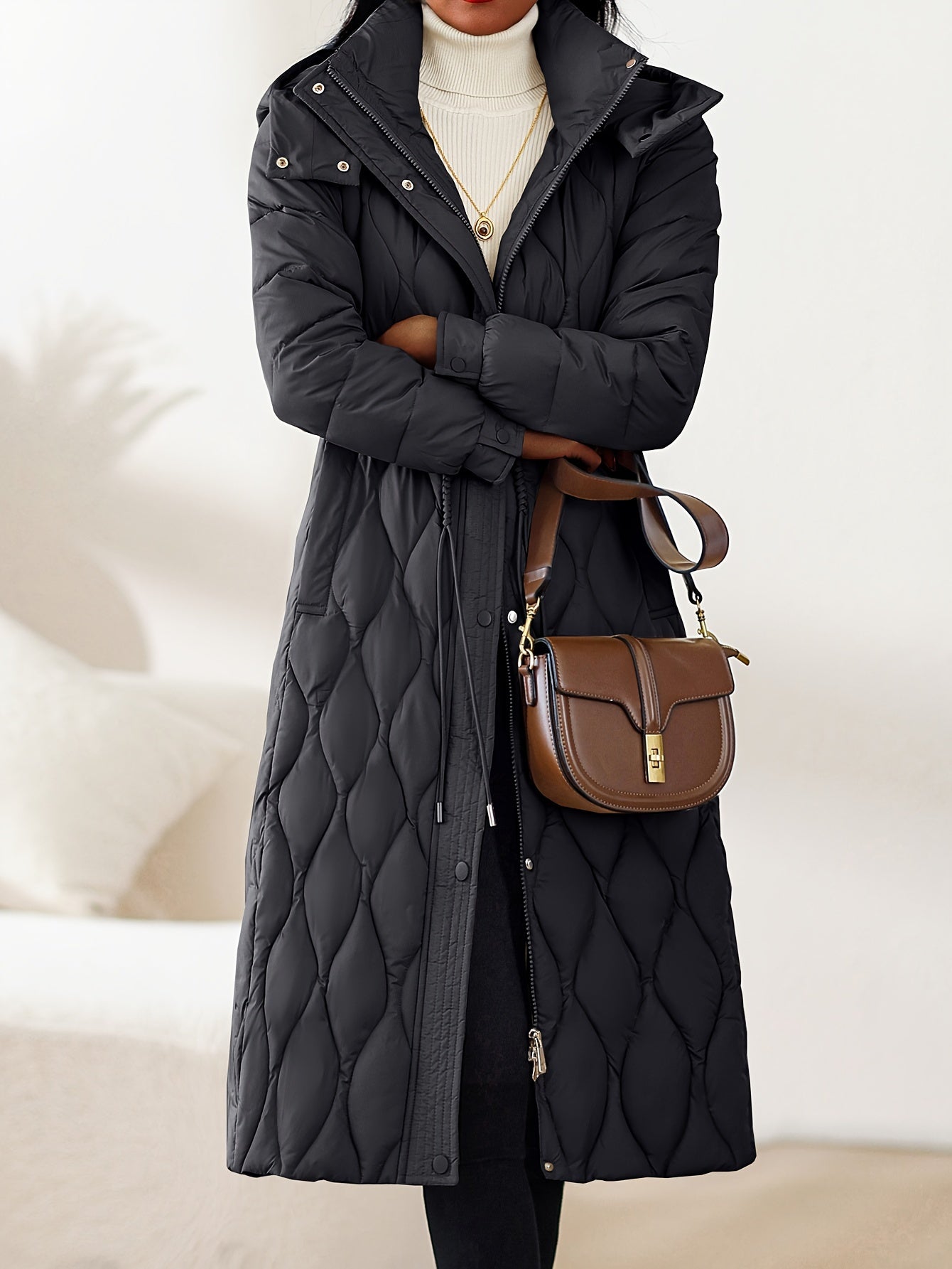 Women’s Winter Coat with Hood – Long Formal & Everyday Outerwear | Belted Waist, Solid Neutral Tones, Zipper Closure | Elegant Cold-Weather Jacket