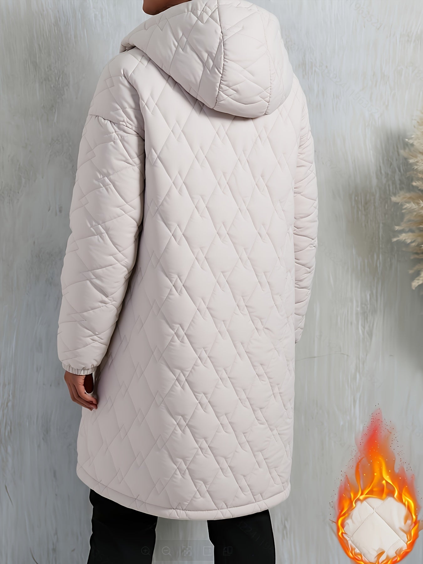 Women’s Elegant Long Winter Coat – Thick Quilted Hooded Jacket with Double Zipper, Warm Geometric Pattern, Loose Fit Style for Fall & Winter