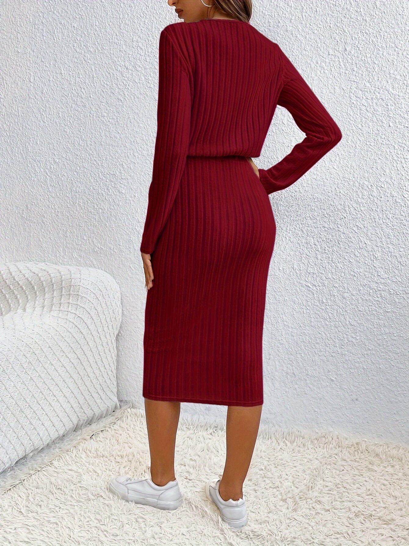 Women’s Elegant Ribbed Bodycon Midi Dress – Long Sleeve High-Elasticity Knit | Round Neck | Fall/Winter Casual to Formal Wear