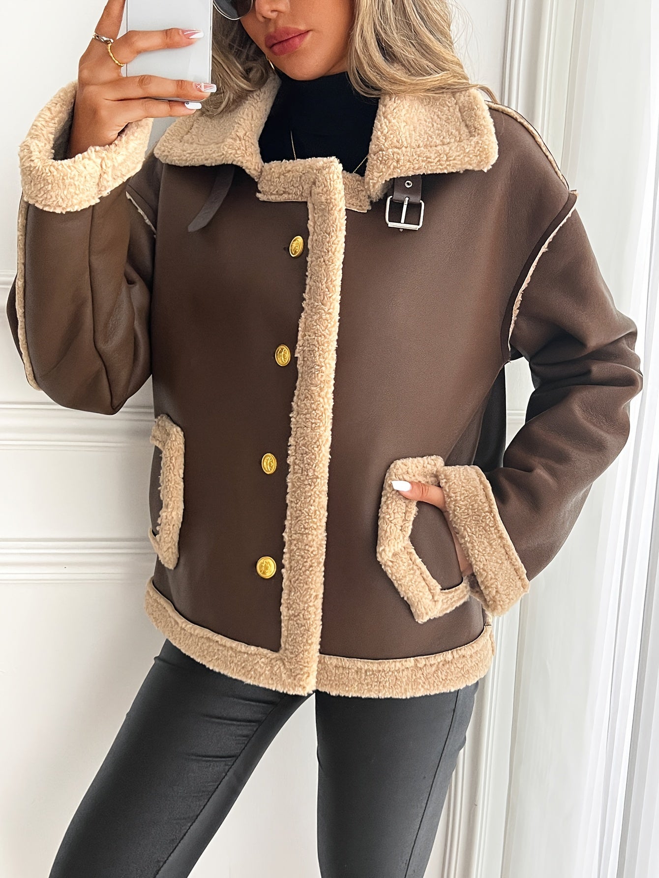 Women’s Elegant Genuine Leather Motorcycle Jacket – Brown & Beige Two-Tone, Golden Buttons, Adjustable Straps, Pockets, Fall/Winter Chic Outerwear