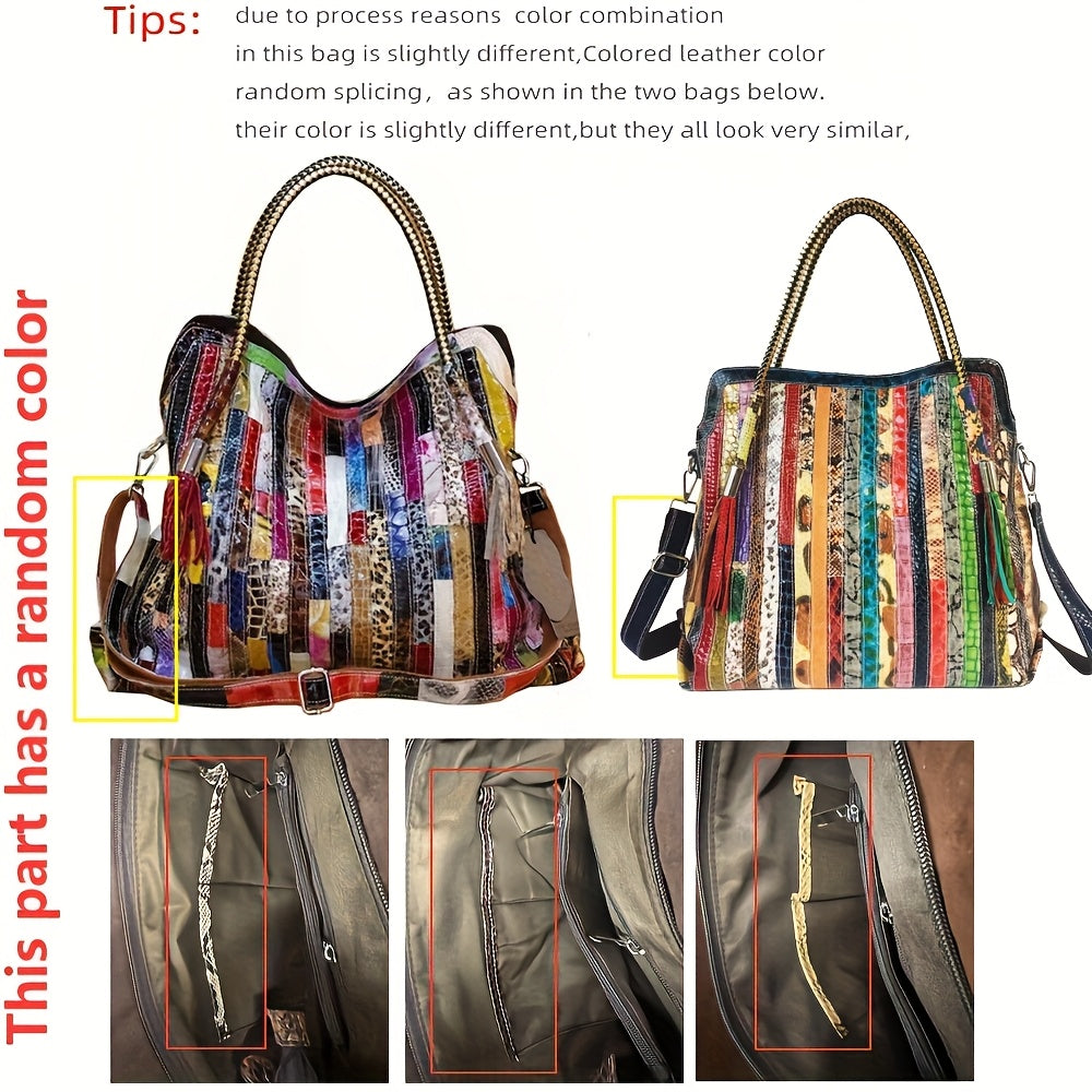 Handmade Bohemian Genuine Leather Patchwork Tote – Multicolor Stripe Purse with Leopard & Snake Accents, Adjustable Chain Strap