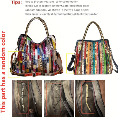 Handmade Bohemian Genuine Leather Patchwork Tote – Multicolor Stripe Purse with Leopard & Snake Accents, Adjustable Chain Strap