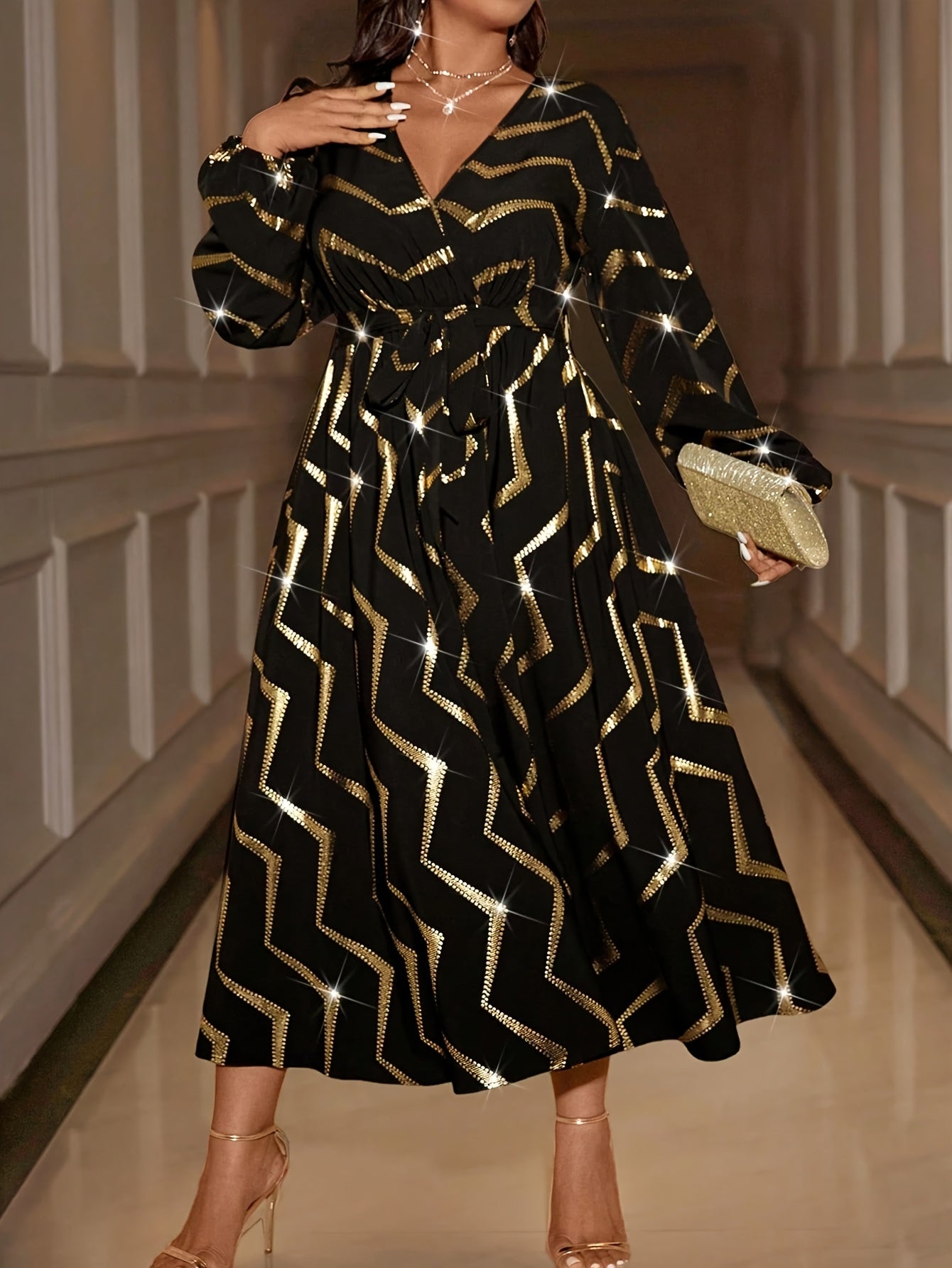 Plus Size Women’s Elegant Black & Golden A-Line Maxi Dress with Belt – Long Sleeve Fall/Winter Formal Gown