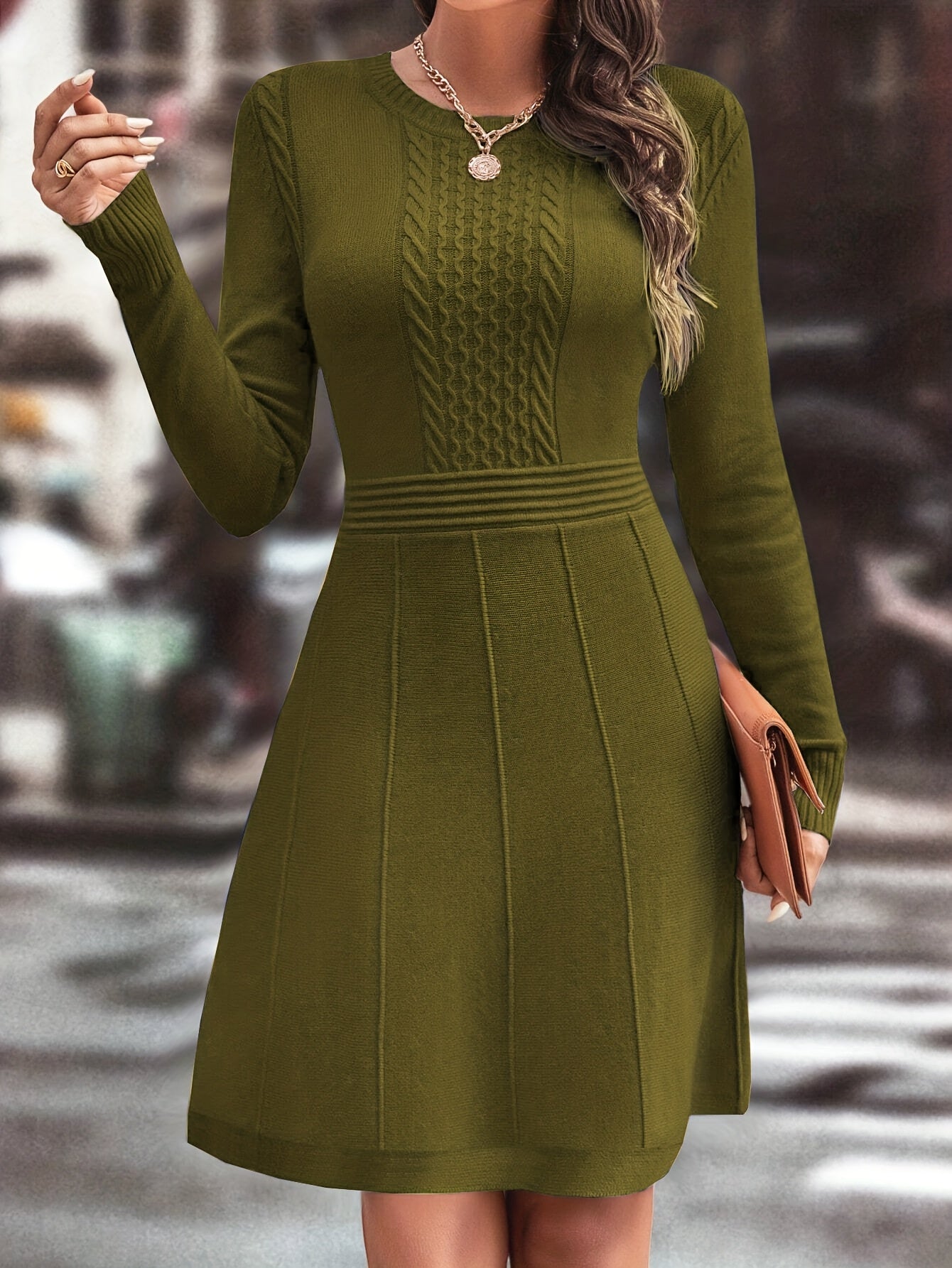 Women’s Autumn Winter Casual Knit Dress – Slim A-Line | Round Neck | Long Sleeve | Solid Color Elegant Daily Wear