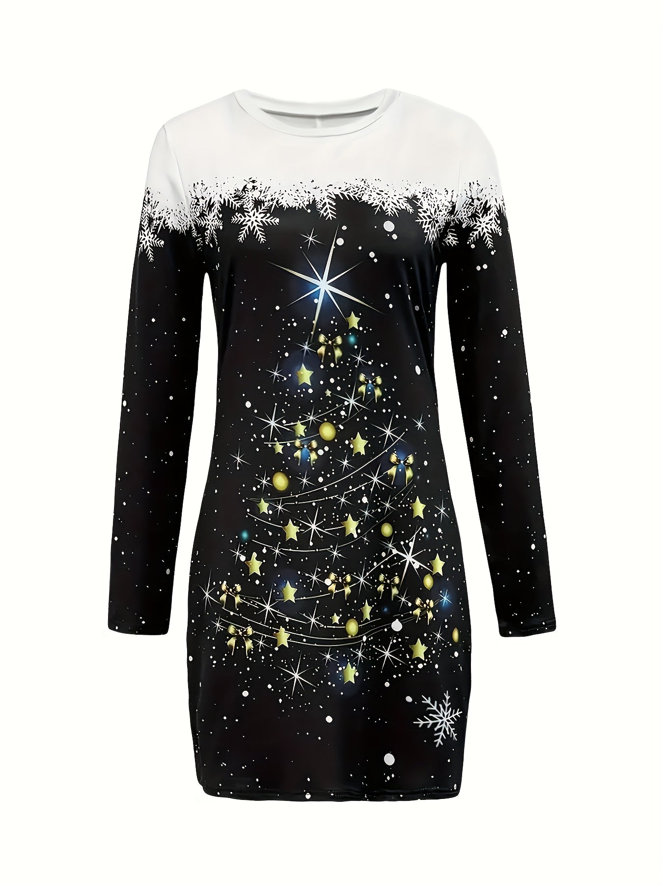 Women’s Elegant Vintage Christmas Dress – Long Sleeve Bodycon Party & Holiday Outfit with Starry Night Sky Design