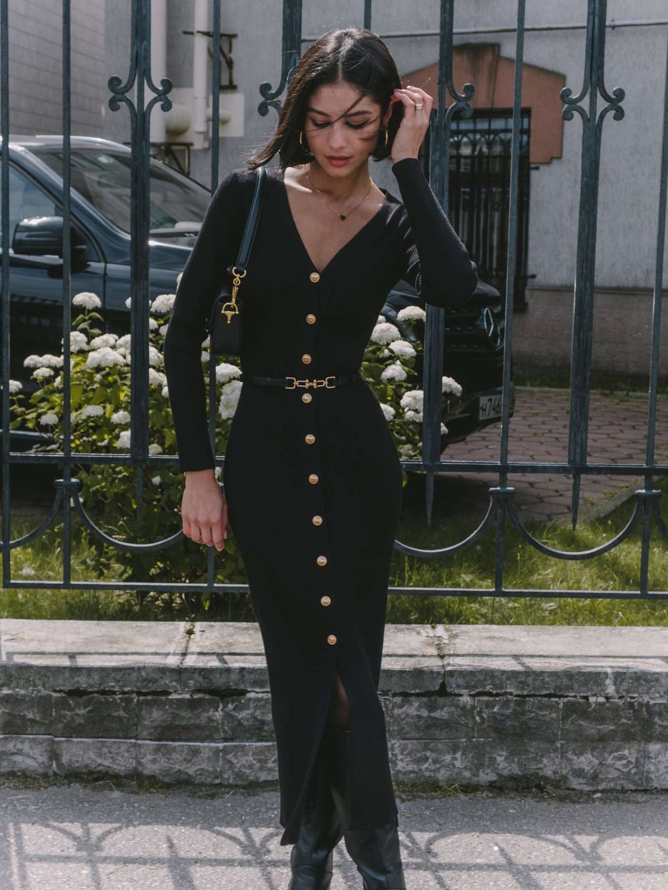 Women’s Elegant Long Sleeve V-Neck Dress – Button Front, Side Slit, Belted Waist, Solid Color, Fall/Winter Formal & Everyday Dress