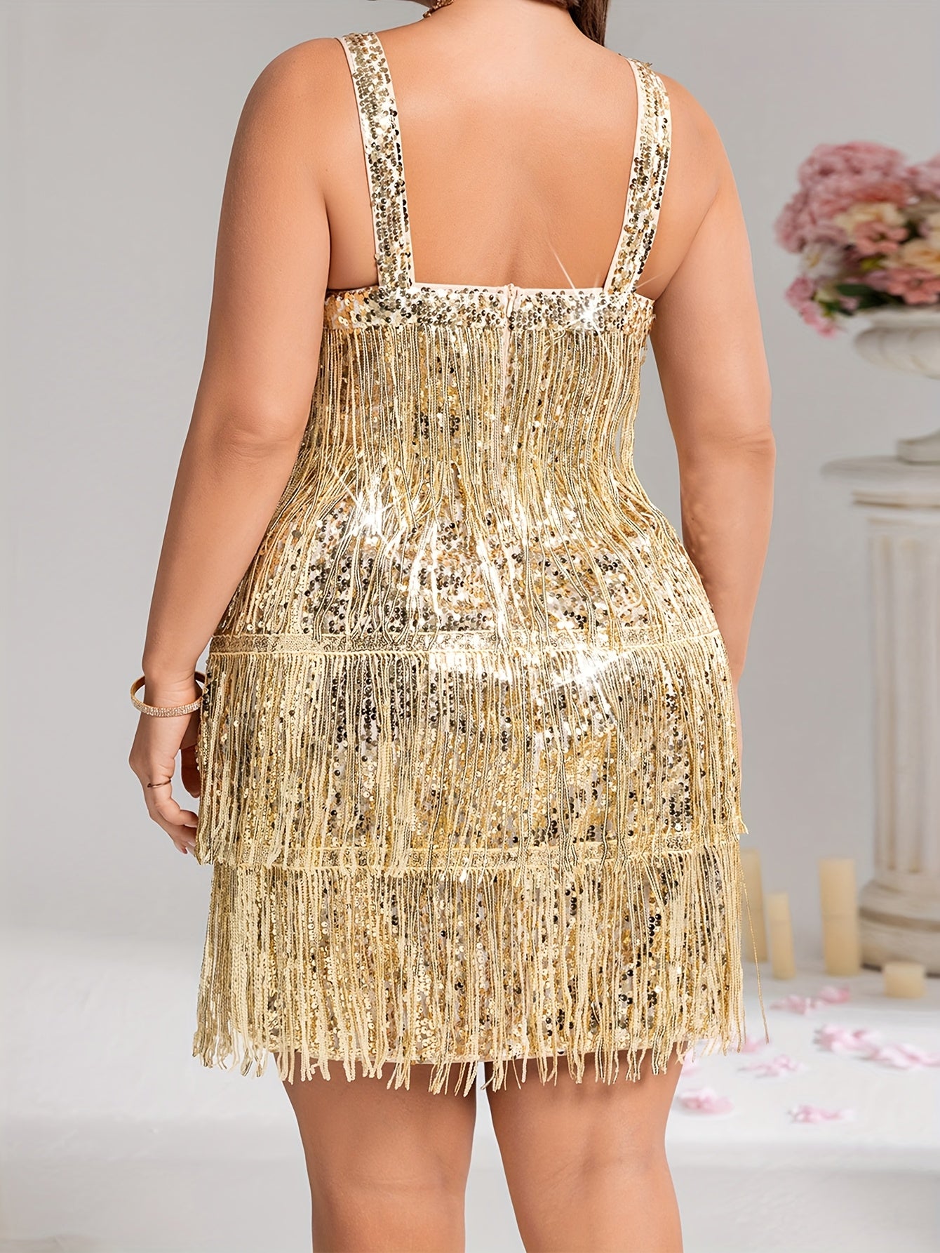 Plus Size Sequin-Embellished Off-Shoulder Square Neck Mini Dress – Fitted Fringe Hem Party & Evening Dress for Women