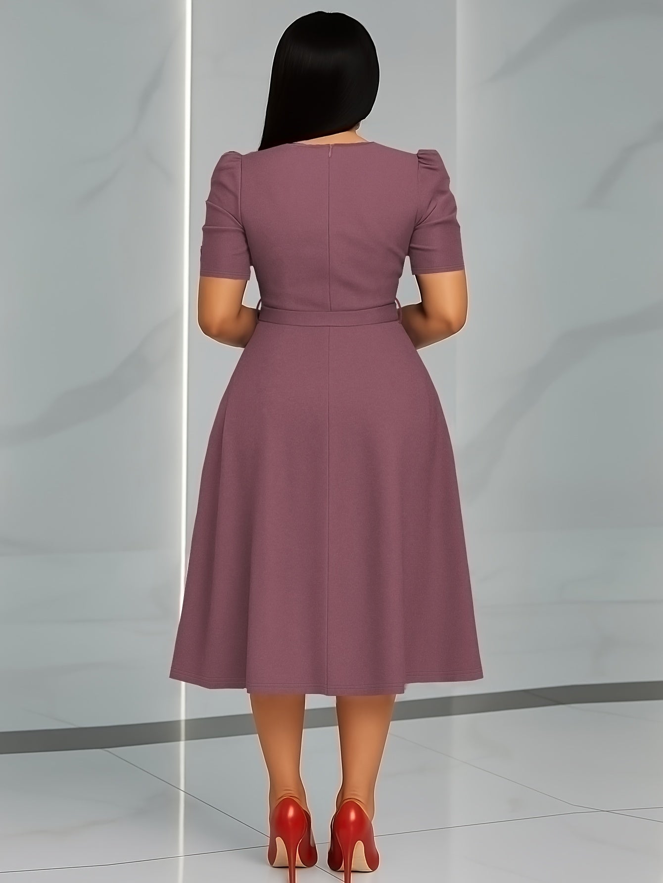 Women’s Elegant V-Neck Ruched Midi Dress – Cinched Waist with Belt | Short Sleeve | Solid Color | Spring/Summer Fashion