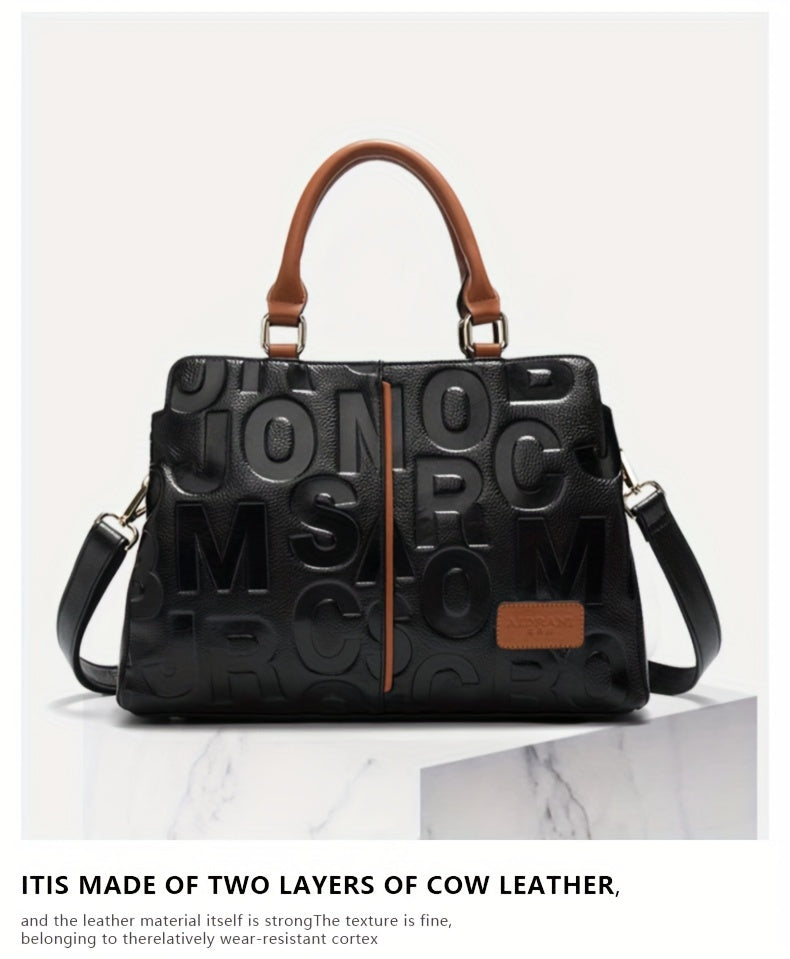 Women’s Genuine Leather Handbag – Black Tote with Brown Accents & Embossed Letter Design (Large Capacity)