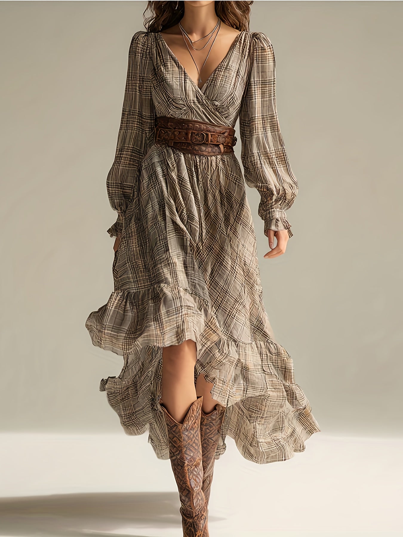 Women’s Elegant Plaid A-Line Dress – Long Sleeve Dipped Hem Midi | V-Neck Church & Wedding Guest Dress | Spring/Fall Special Occasion