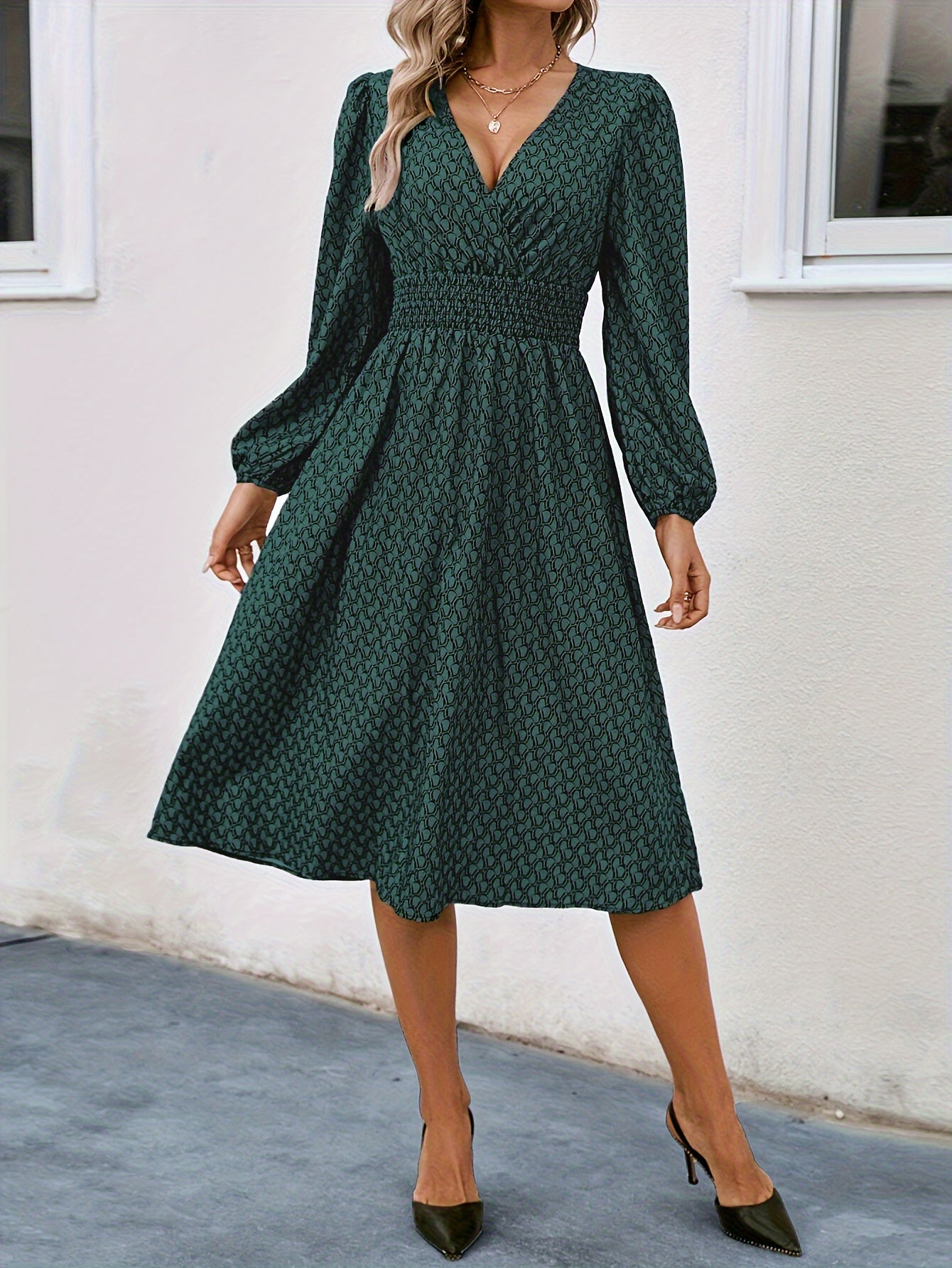 Women’s Allover Print Surplice Neck Dress – Lantern Sleeve A-Line Midi | Shirred Waist | Spring & Fall Vacation Dress