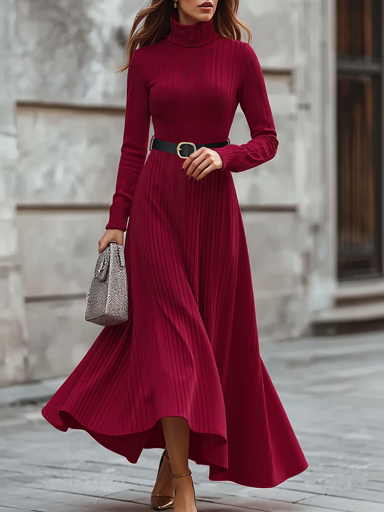 Women’s Elegant High-Neck Long Sleeve A-Line Maxi Dress with Belt – Solid Burgundy All-Season Floor-Length Dress | Formal, Work & Casual Wear