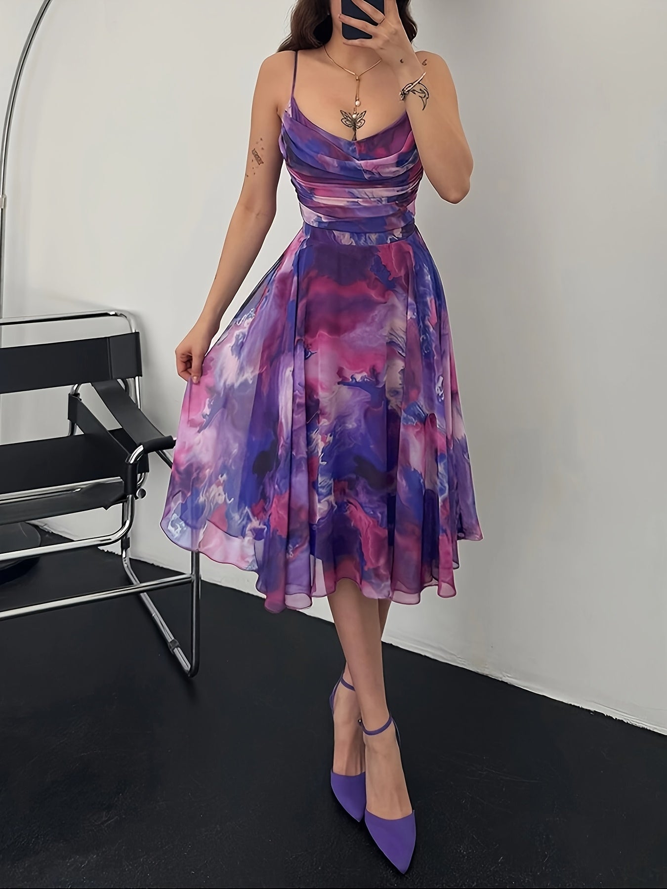 Deep Purple Tie-Dye Spaghetti Strap Mini Dress – Sleeveless A-Line with Ruffled Hem | Summer Party & Casual Wear