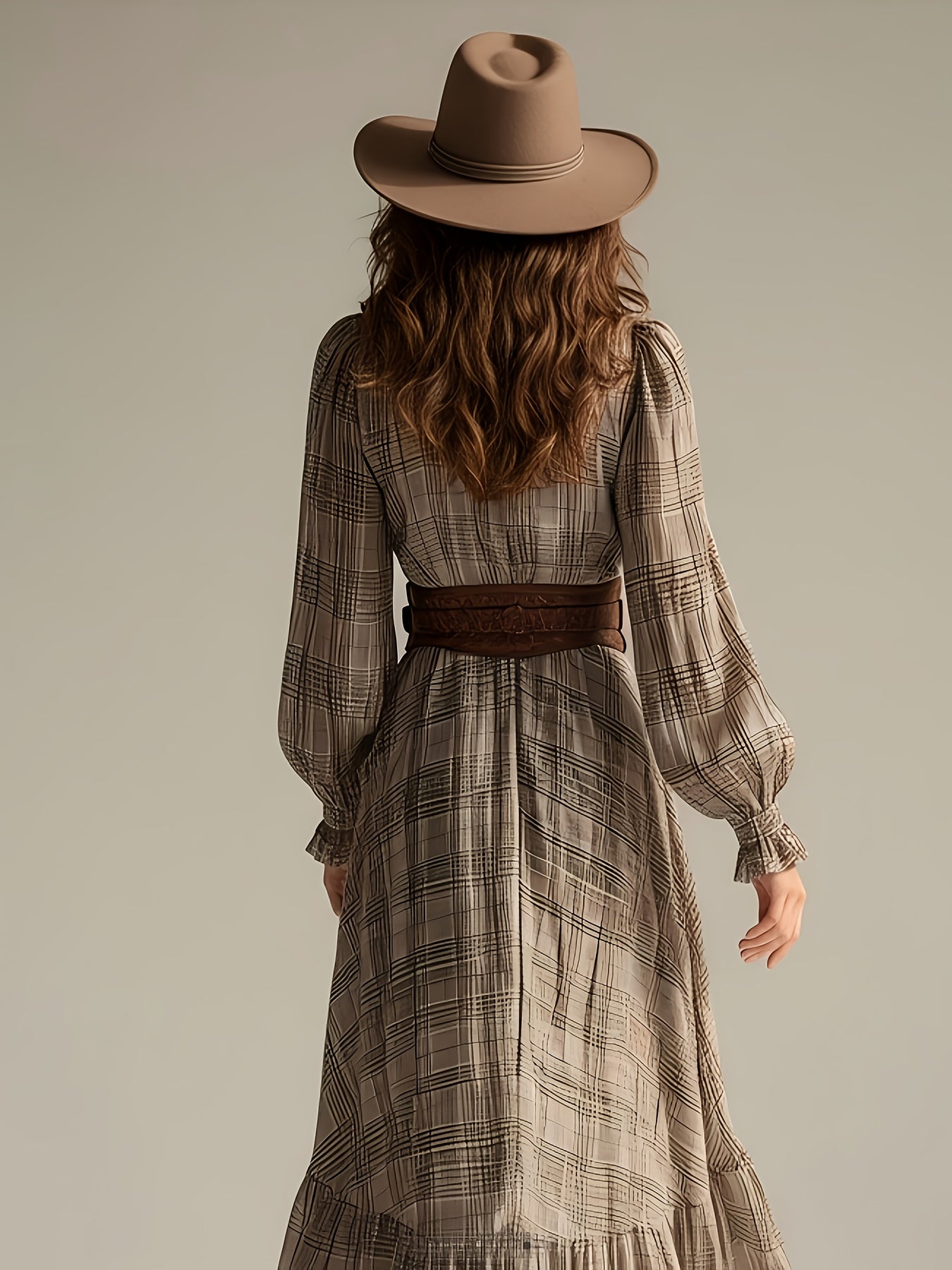 Women’s Elegant Plaid A-Line Dress – Long Sleeve Dipped Hem Midi | V-Neck Church & Wedding Guest Dress | Spring/Fall Special Occasion