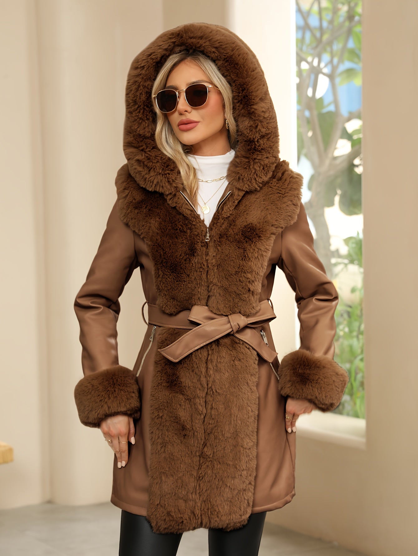 Women’s Elegant Genuine Leather Jacket – Suede Lining, Solid Color, Hooded Cold Weather Coat with Faux Fur Trim for Fall/Winter Outerwear