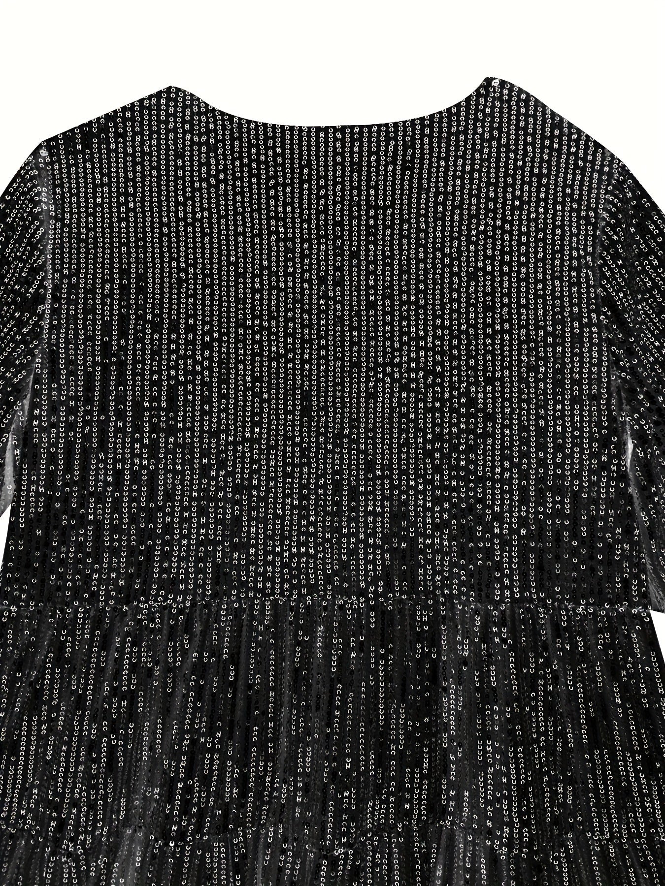 Women’s Elegant Pleated Sequin Tunic Dress – Loose Fit Midi | Crew Neck Short Sleeve | Contrast Sequin Tiered Hem