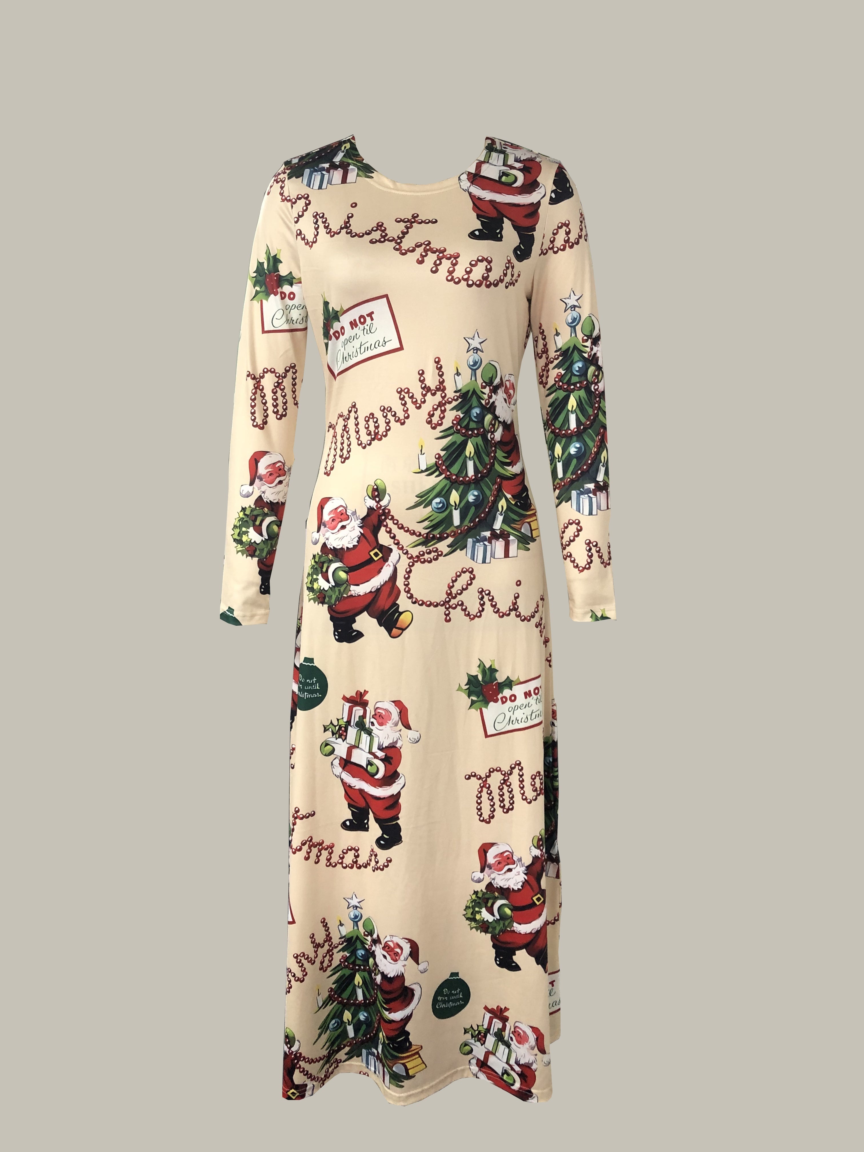 Women's Christmas Santa Print Maxi Dress – Long Sleeve Crew Neck, Casual Holiday A-Line Winter Dress