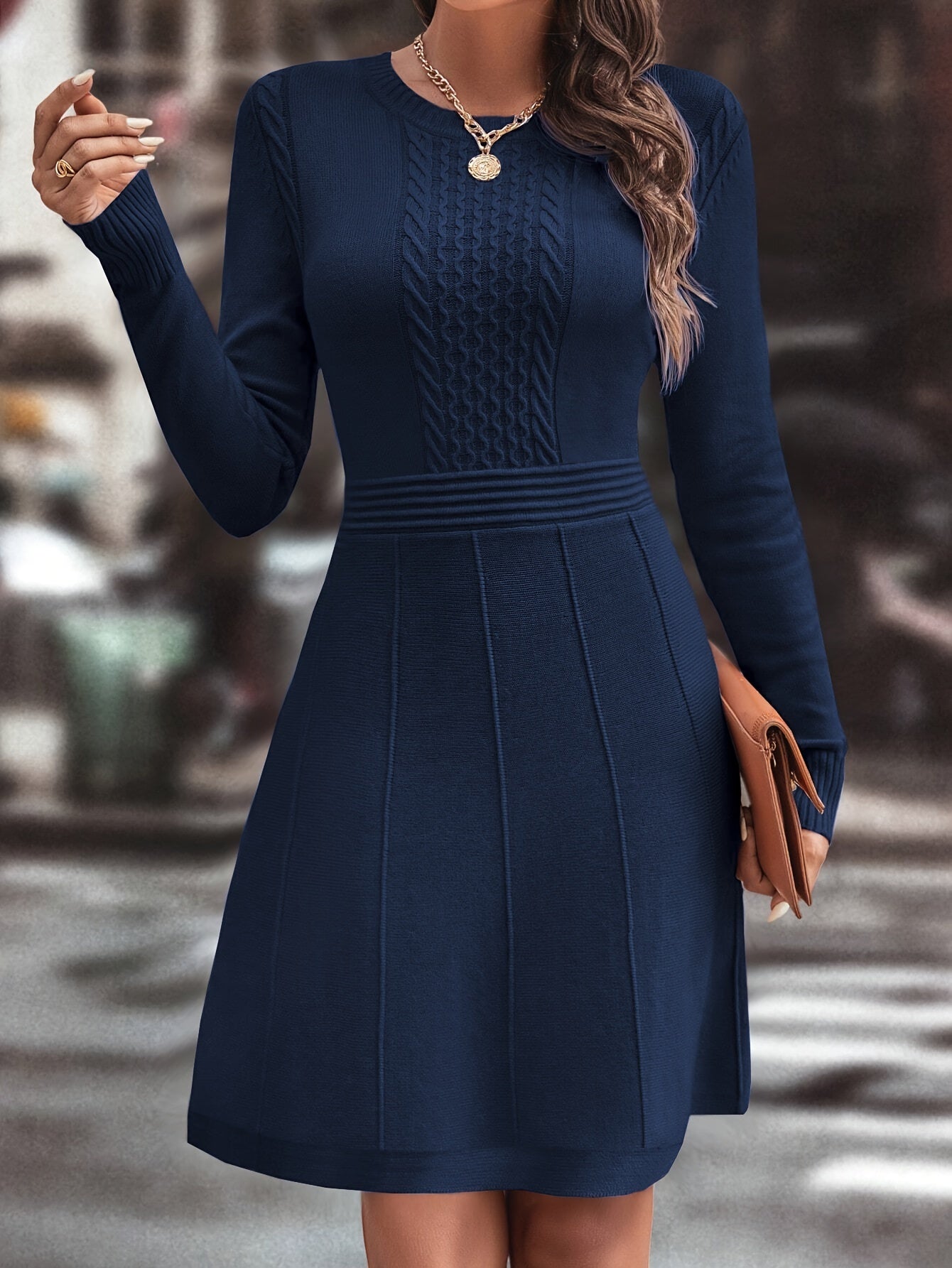 Women’s Autumn Winter Casual Knit Dress – Slim A-Line | Round Neck | Long Sleeve | Solid Color Elegant Daily Wear