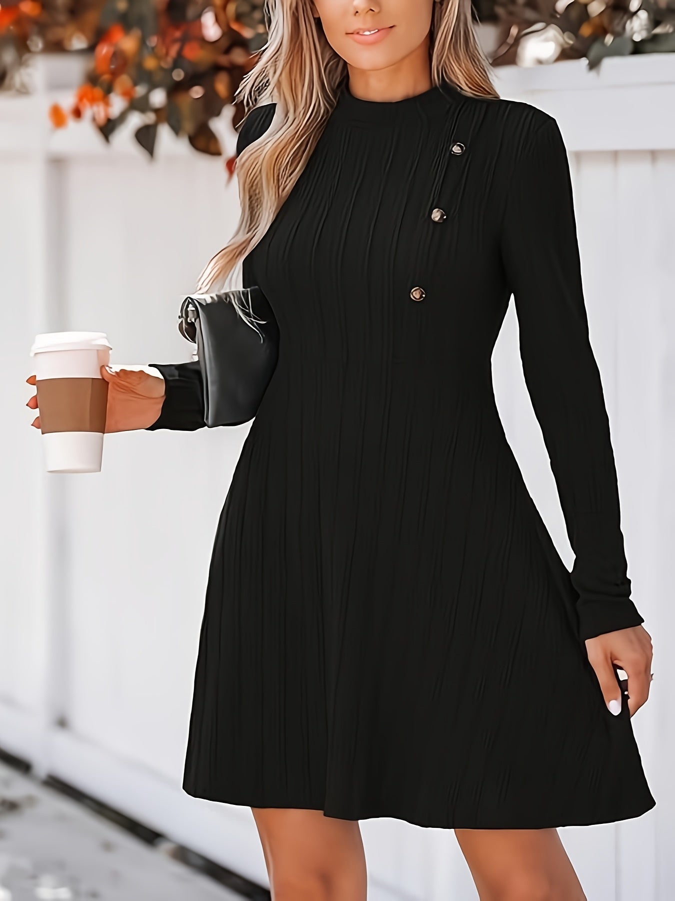 Plus Size Elegant Black Mini Dress – Long Sleeve Button-Front, Fall/Winter Office & Party Wear