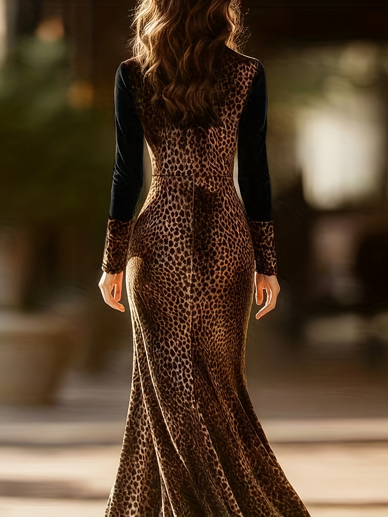 Women’s Elegant Leopard Print Maxi Dress – Deep V-Neck, Long Sleeve, Flared Hem | Formal & Everyday All-Season Wear