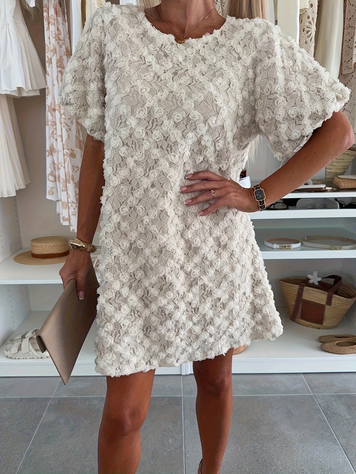 Women's White Lace-Embroidered Mini Dress – Puff Sleeves, Button Front, A-Line Fit | Elegant Spring Summer Dress