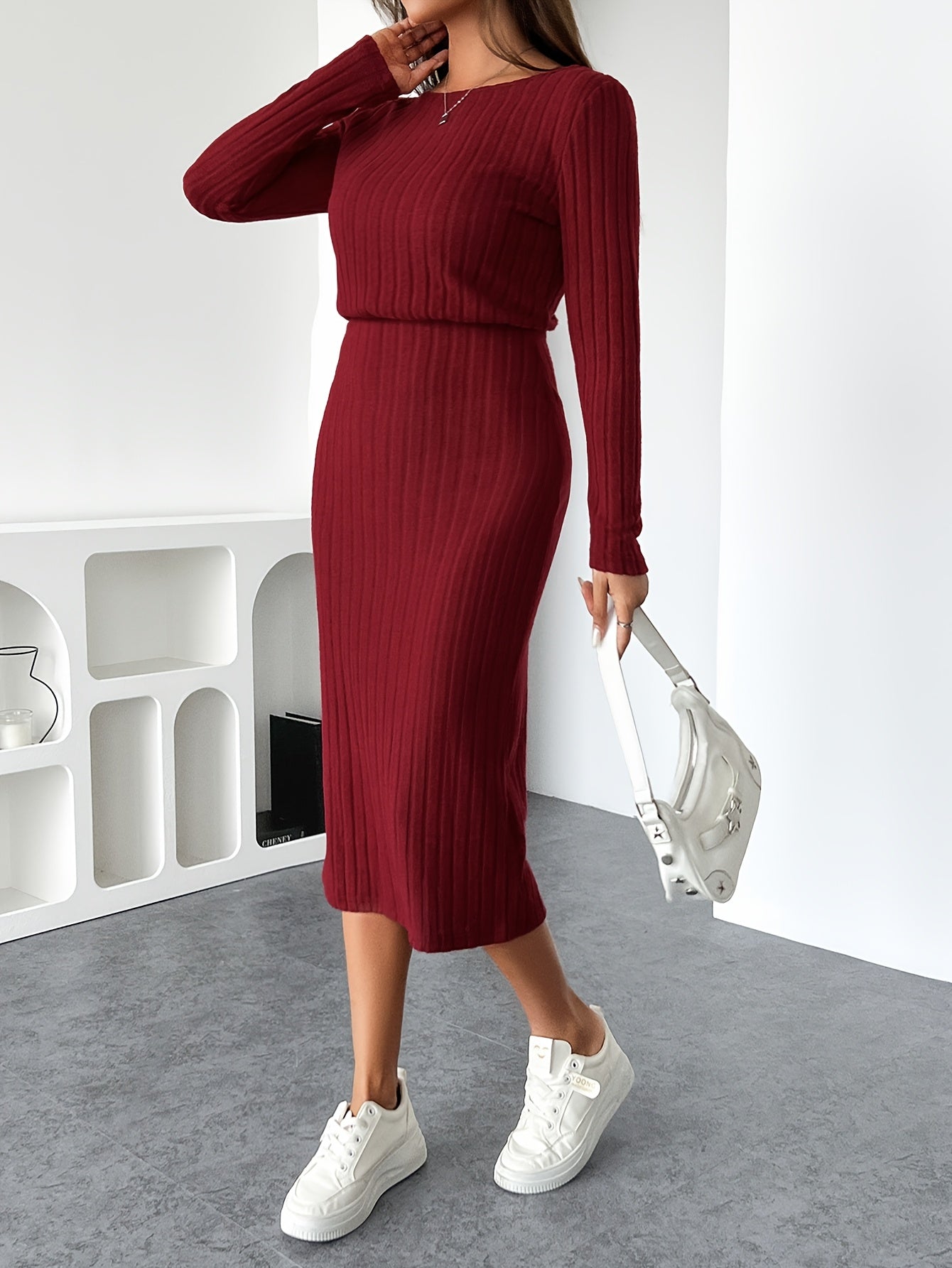 Women’s Elegant Ribbed Bodycon Midi Dress – Long Sleeve High-Elasticity Knit | Round Neck | Fall/Winter Casual to Formal Wear