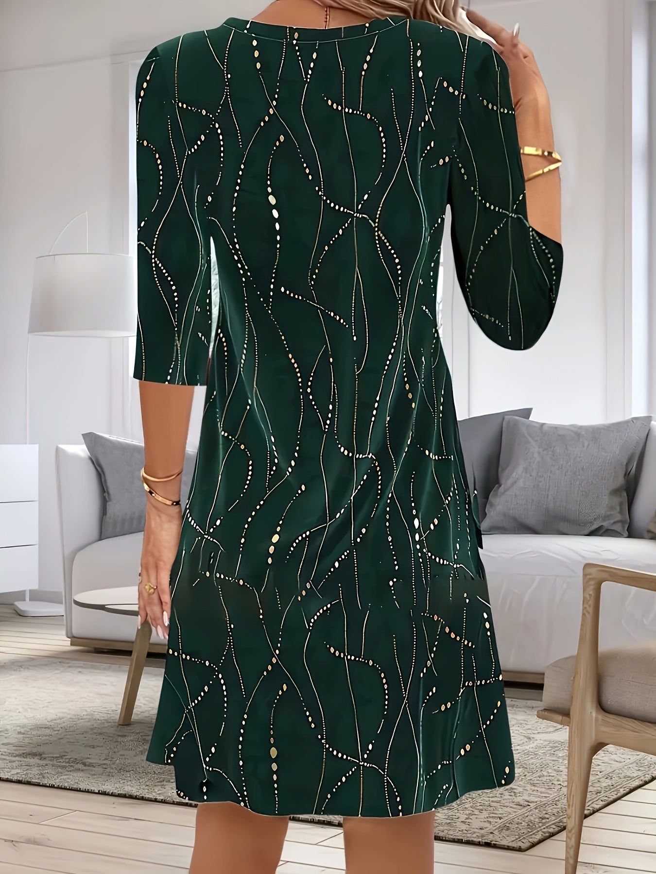 Women’s European & American V-Neck Polka Dot Midi Dress – Autumn/Winter Elegant Printed Tunic Dress