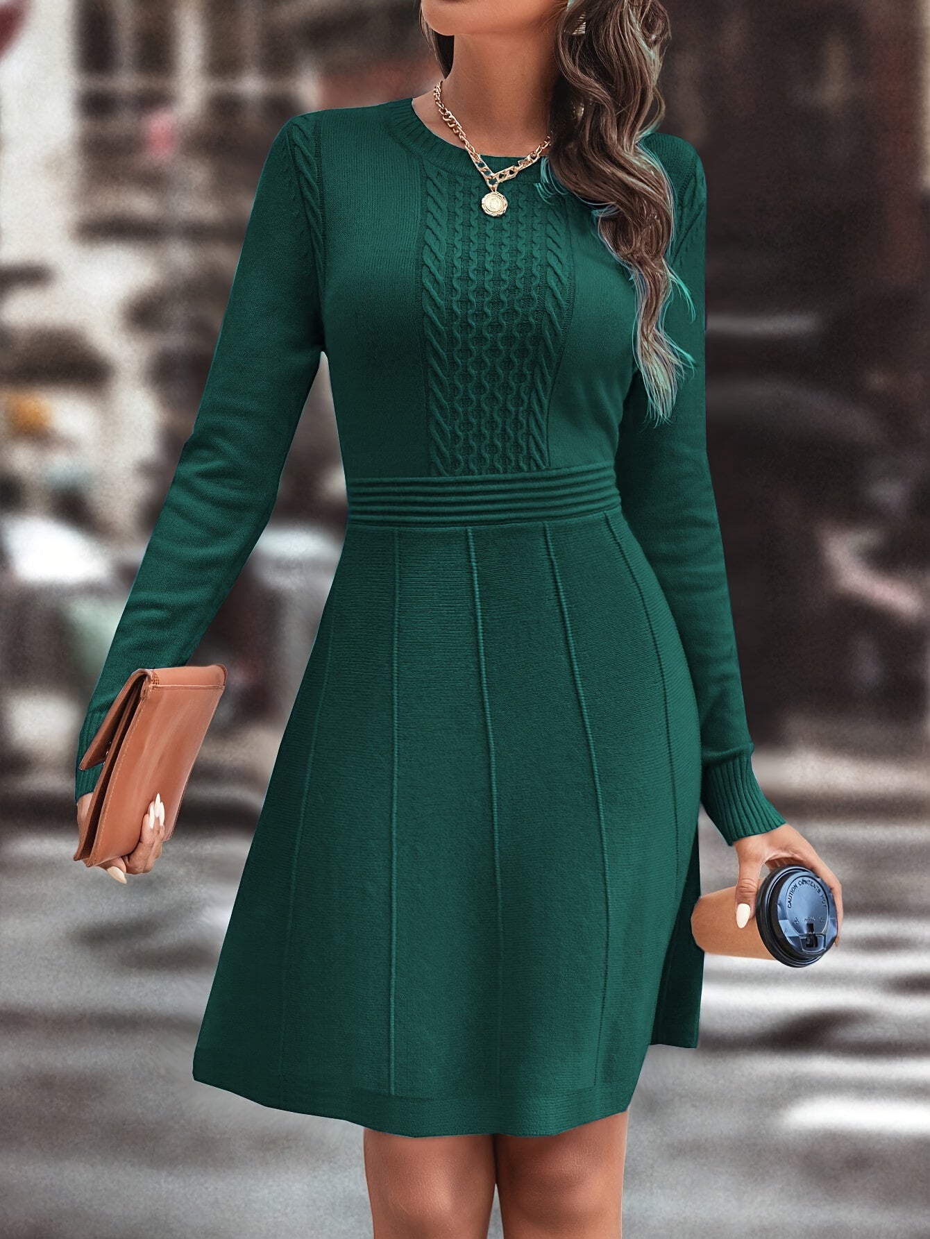 Women’s Autumn Winter Casual Knit Dress – Slim A-Line | Round Neck | Long Sleeve | Solid Color Elegant Daily Wear