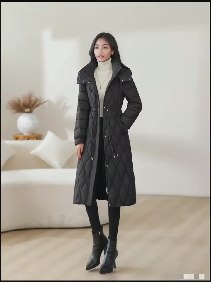 Women’s Winter Coat with Hood – Long Formal & Everyday Outerwear | Belted Waist, Solid Neutral Tones, Zipper Closure | Elegant Cold-Weather Jacket